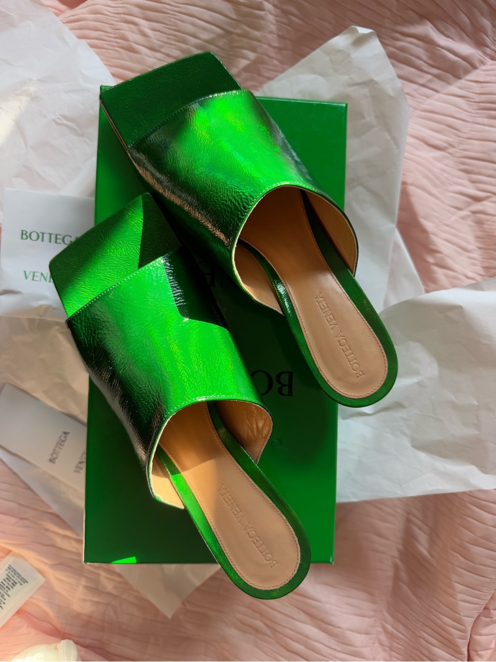 Bottega Veneta Iridescent Green Leather Slide Mules